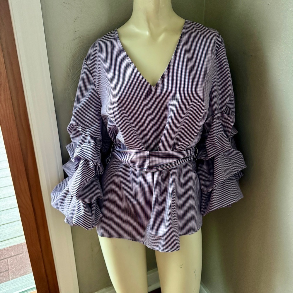 Anthropologie Sunday in Brooklyn purple plaid ruffle sleeve top size xs nwot
